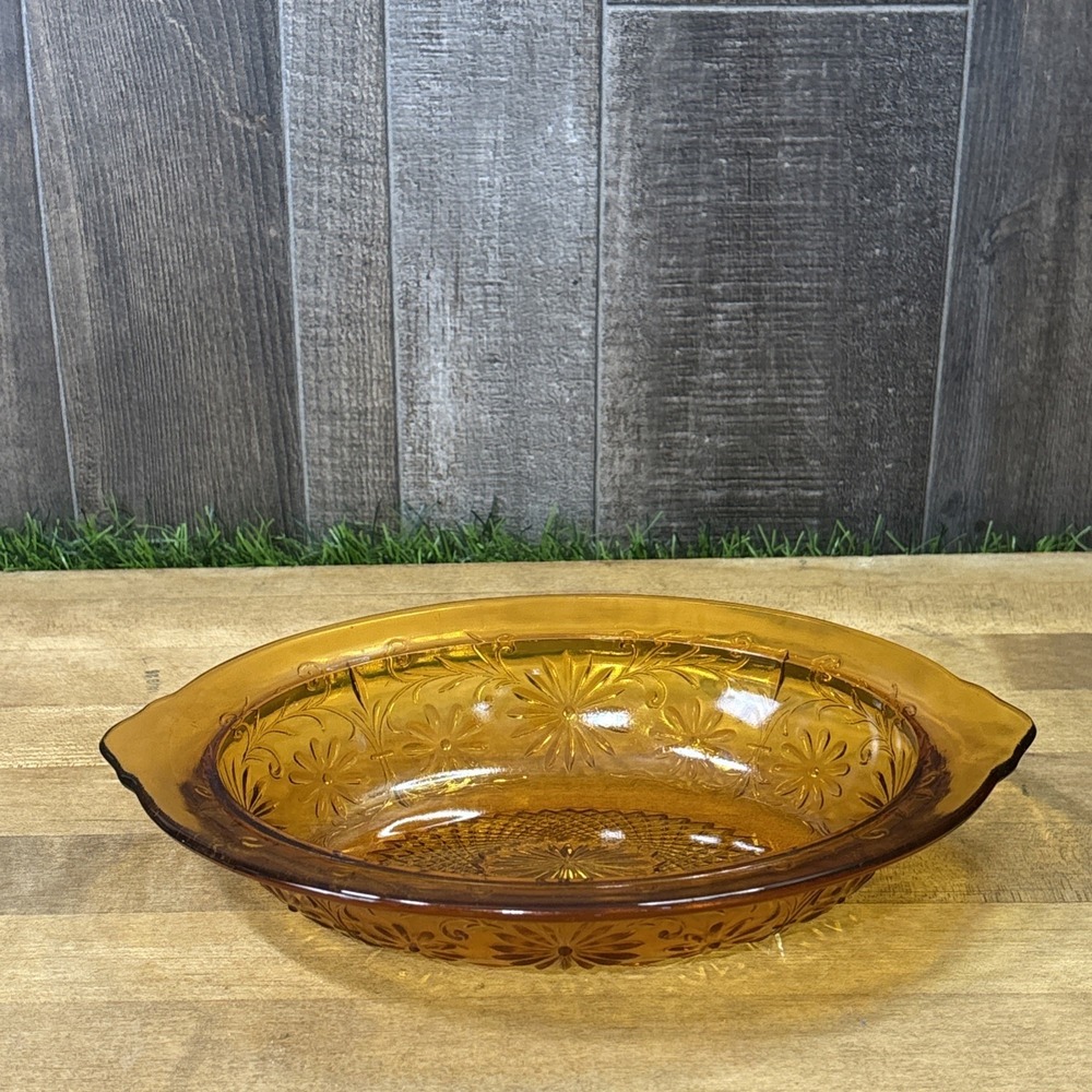 Vintage Indiana Glass Daisy Amber Oval Vegetable Serving Bowl MCM 10"
